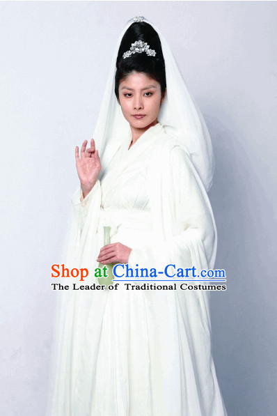Chinese White Fairytale Guanyin Costume and Headear Complete Set