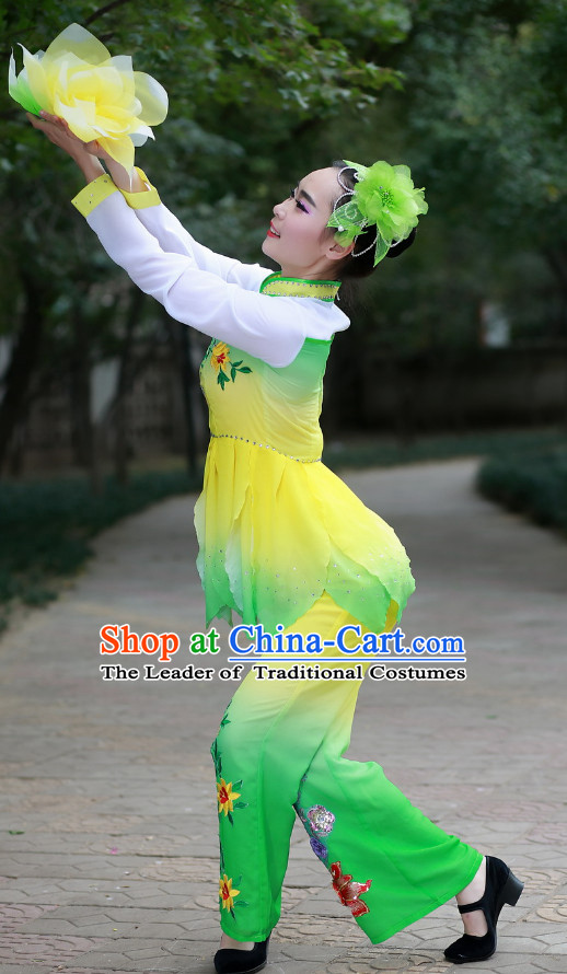 Chinese Made to Order Folk Green Dance Costume and Headpieces Complete Set for Women