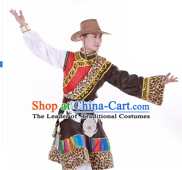 Chinese Custom Made Tibet Folk Dance Costume and Headpieces Complete Set for Men
