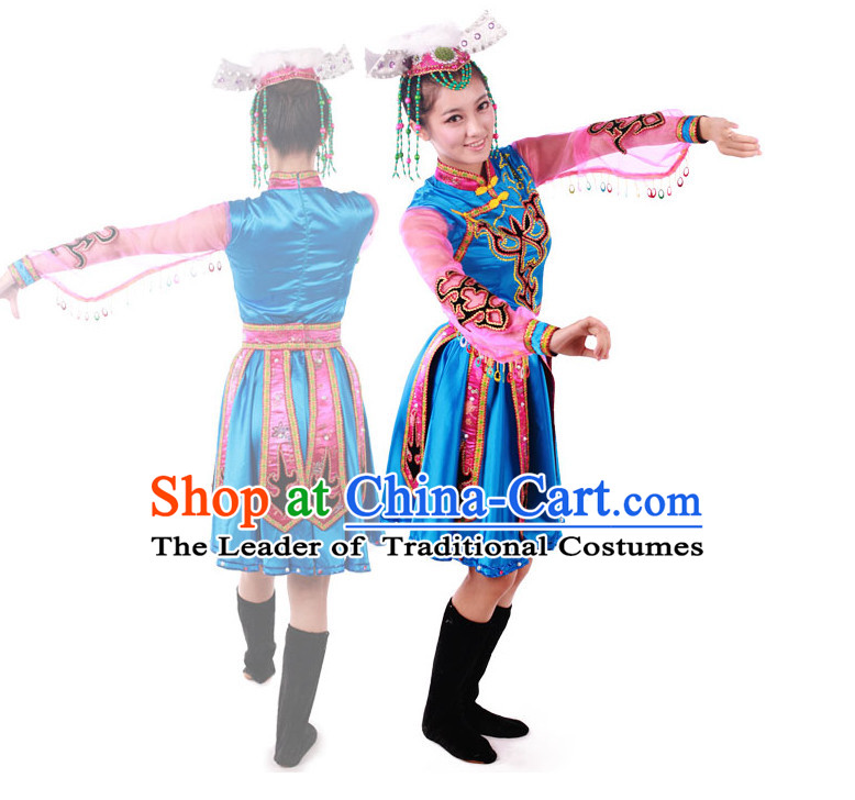 Chinese Teenagers Folk Ethnic Dance Costume and Headpiece for Competition