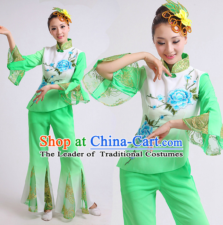 Chinese Fan Dance Costumes Ribbon Dancing Costume Dancewear China Dress Dance Wear and Hair Accessories Complete Set