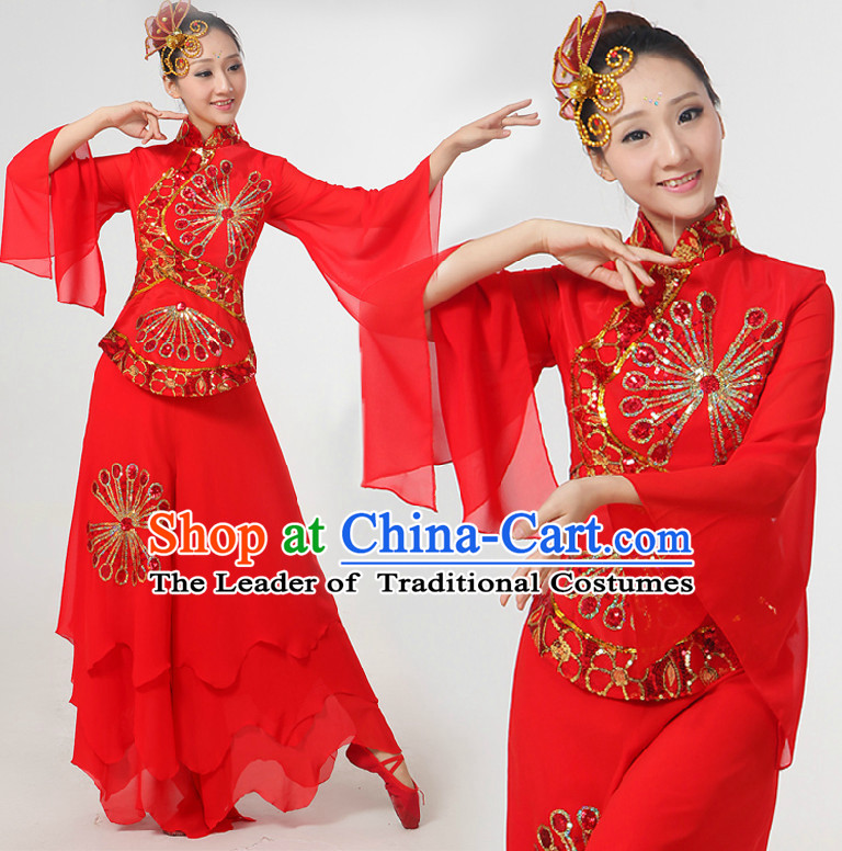 Chinese Festival Dance Costumes Ribbon Dancing Costume Dancewear China Dress Dance Wear and Hair Accessories Complete Set