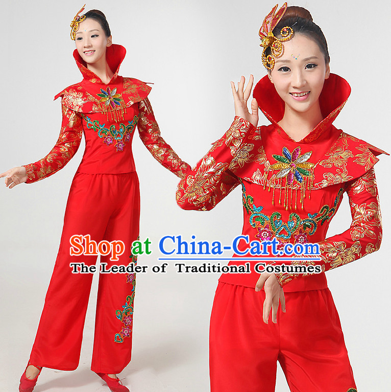High Collar Chinese Festival Dance Costumes Ribbon Dancing Costume Dancewear China Dress Dance Wear and Hair Accessories Complete Set