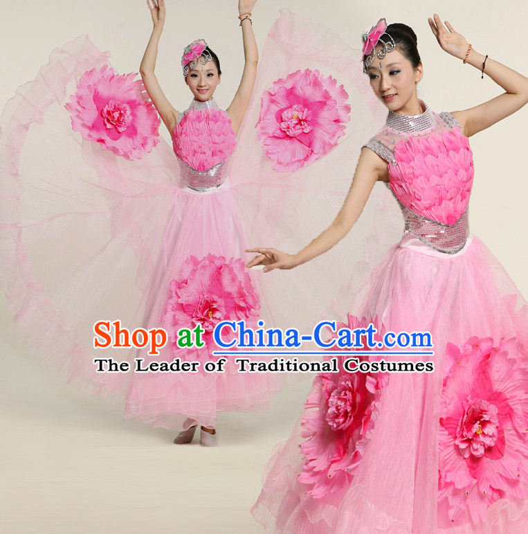 Asian Pink Flower Dance Costume Competition Costumes Dancewear China Dress Dance Wear and Headpieces Complete Set