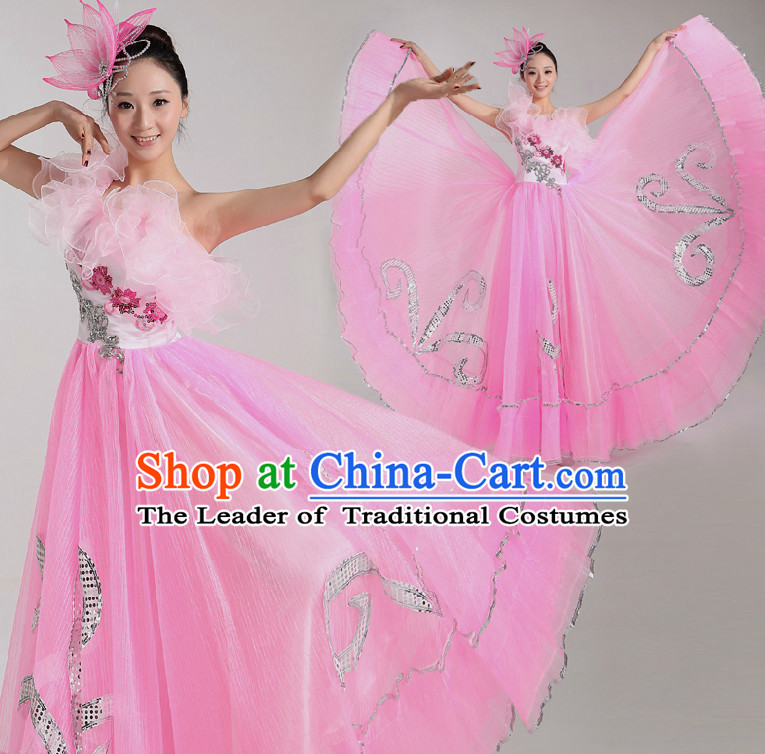 Asian Dance Costume Group Dance Costumes Dancewear China Dress Dance Wear and Headpieces Complete Set