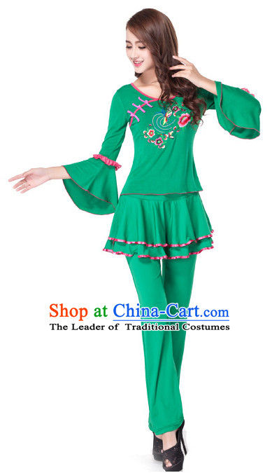 Green Chinese Style Fan Dance Costume Discount Dance Costume Ideas Dancewear Supply Dance Wear Dance Clothes Suit