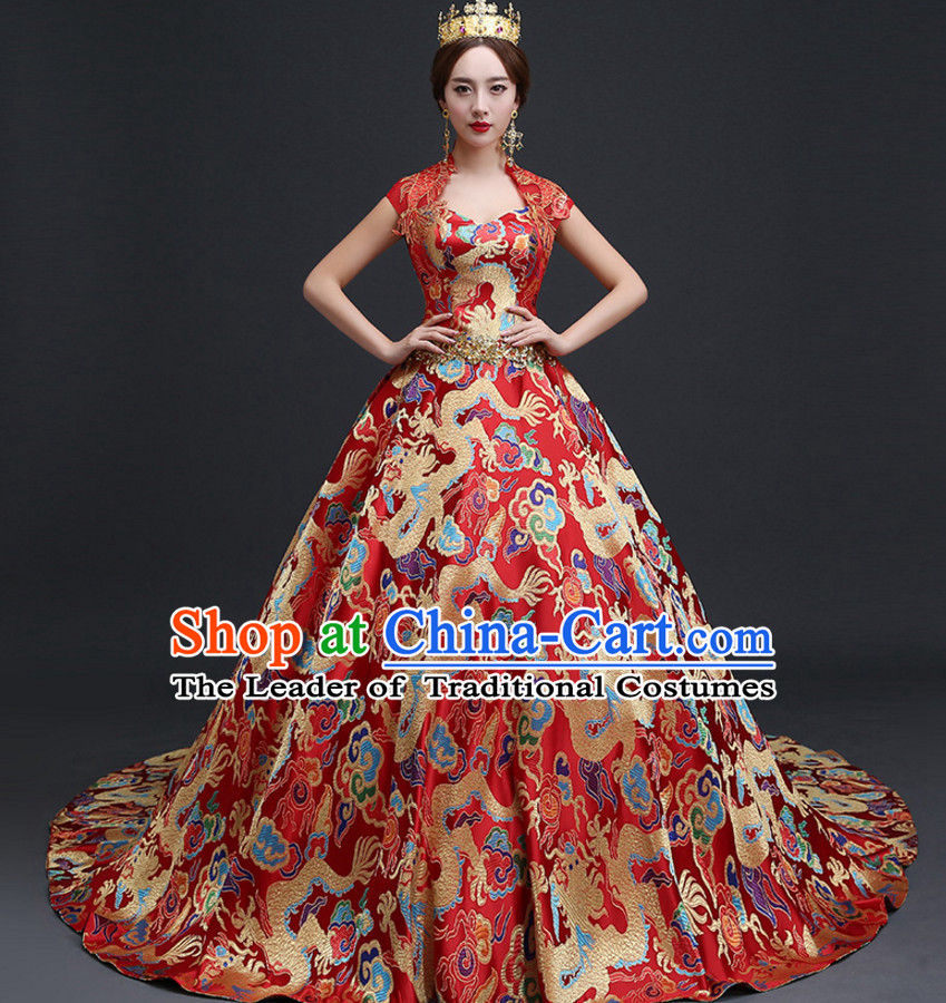 Top Chinese Red Wedding Dress and Headwear Complete Set