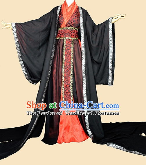 Black Red Traditional Chinese Classical Hanfu Clothing Complete Set with Long Tail