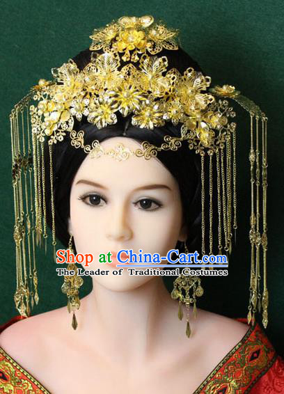 Chinese Ancient Style Hair Jewelry Accessories, Hairpins, Queen Hanfu Tang Dynasty Xiuhe Suit Wedding Bride Phoenix Coronet, Hair Accessories Set for Women