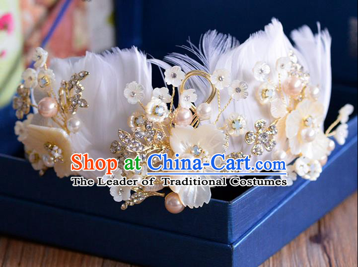 Traditional Jewelry Accessories, Palace Princess Bride Royal Crown, Engagement Royal Crown, Wedding Hair Accessories, Baroco Style Crystal Feather Pearl Headwear for Women