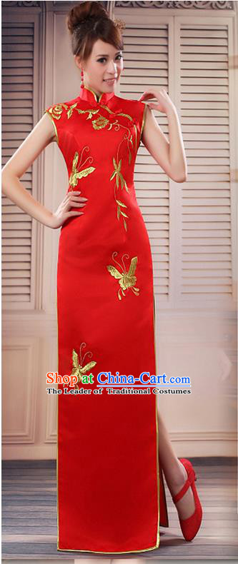Ancient Chinese Costumes, Manchu Clothing, Hotel Etiquette Improved Cheongsam, Traditional Red Cheongsam Wedding Toast Dress for Bride