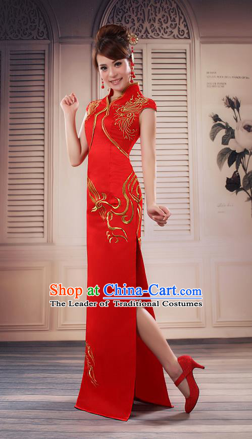 Ancient Chinese Costumes, Manchu Clothing Qipao, Improved Long Silk Mandarin Collar Cheongsam, Traditional Red Cheongsam Wedding Toast Dress for Bride