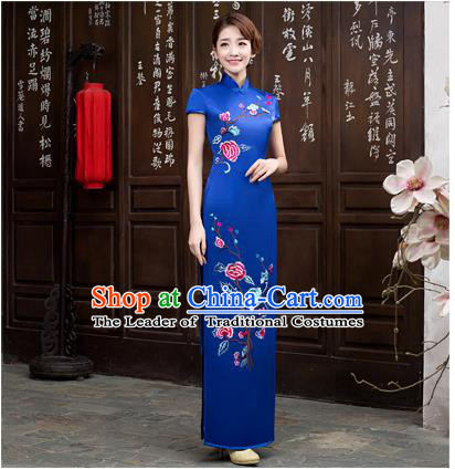 Ancient Chinese Costumes, Manchu Clothing Qipao, Improved Long Silk Mandarin Collar Embroidered Cheongsam, Traditional Cheongsam Wedding Toast Dress for Bride