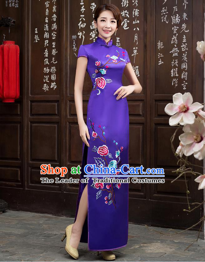 Ancient Chinese Costumes, Manchu Clothing Qipao, Improved Long Silk Mandarin Collar Embroidered Cheongsam, Traditional Cheongsam Wedding Toast Dress for Bride