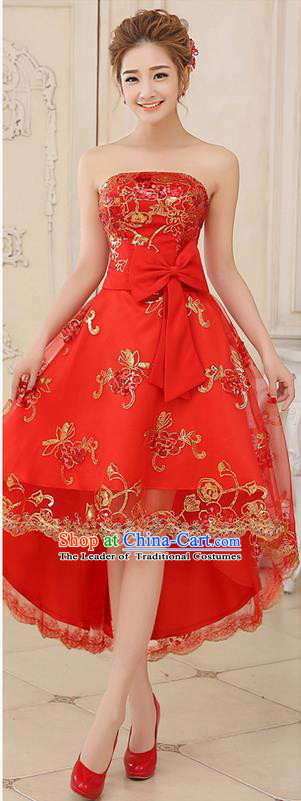 Ancient Chinese Costumes, Manchu Clothing Qipao, Hotel Etiquette Improved Short Cheongsam, Traditional Red Fish Tail Cheongsam Wedding Toast Dress for Bride