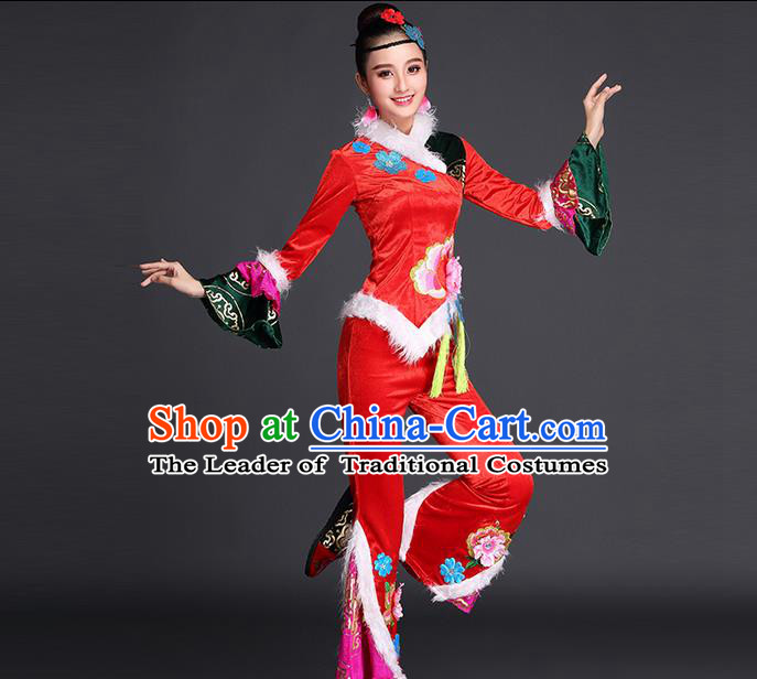 Traditional Chinese Yangge Fan Dancing Costume, Folk Dance Yangko Costume for Women