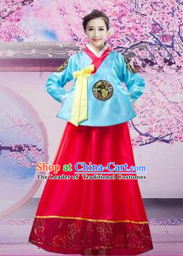 Korean Traditional Dress Women Girl Dancing Stage Ceremonial Dress Blue Top Red Skirt