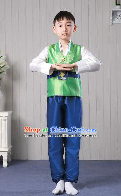 Korean Traditional Dress for Children Boy Clothes Kid Costumes Stage Show Dancing Green Top Blue Pants