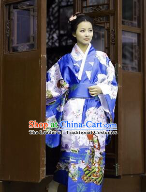 Japanese Traditional Costumes Kimono Tomesode Stage Show Wafuku Aristolochia ringens Tomesode Full Dress Blue