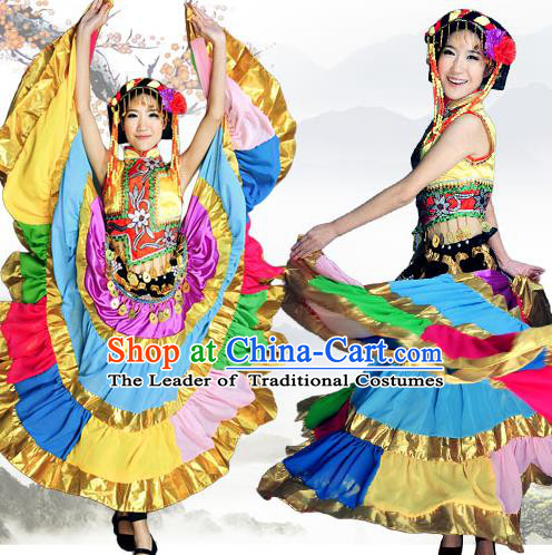 Traditional Chinese Yi Nationality Dancing Costume, Yizu Female Folk Dance Ethnic Pleated Skirt, Chinese Minority Yi Nationality Embroidery Costume for Women