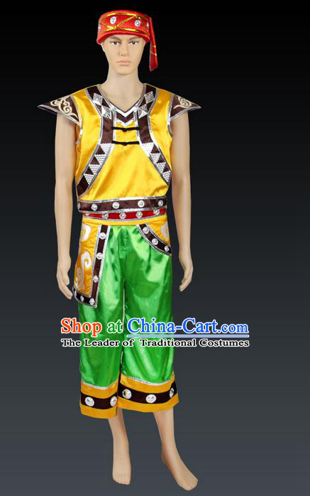 Traditional Chinese Miao Nationality Dancing Costume, Hmong Male Folk Dance Ethnic Clothing, Chinese Minority Zhuang Nationality Costume for Men