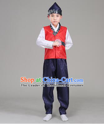 Korean Traditional Dress For Boys Children Clothes Kid Costume Stage Show Dancing Halloween Red Top Blue Pants