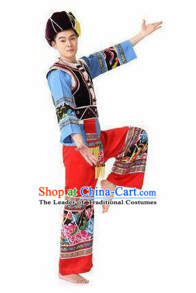 Traditional Chinese Yi Nationality Dancing Costume, Yizu Male Folk Dance Ethnic Dress, Chinese Minority Yi Nationality Embroidery Costume Set for Men