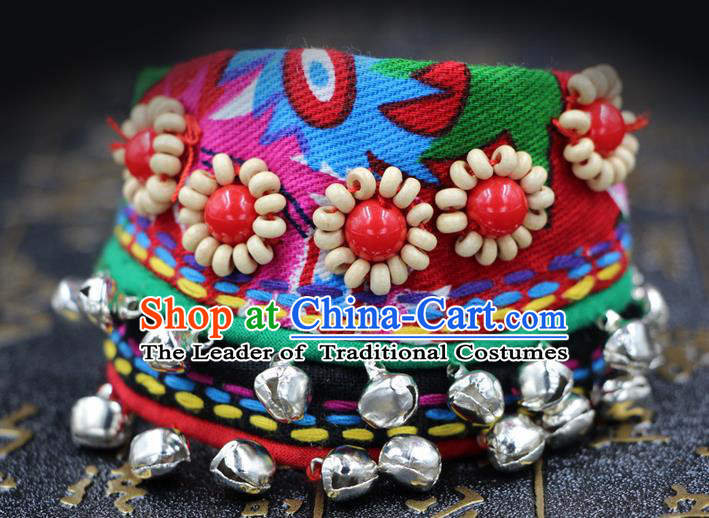Traditional Chinese Miao Nationality Jewelry Accessories Bracelet, Hmong Embroidery Bells Bracelet for Women