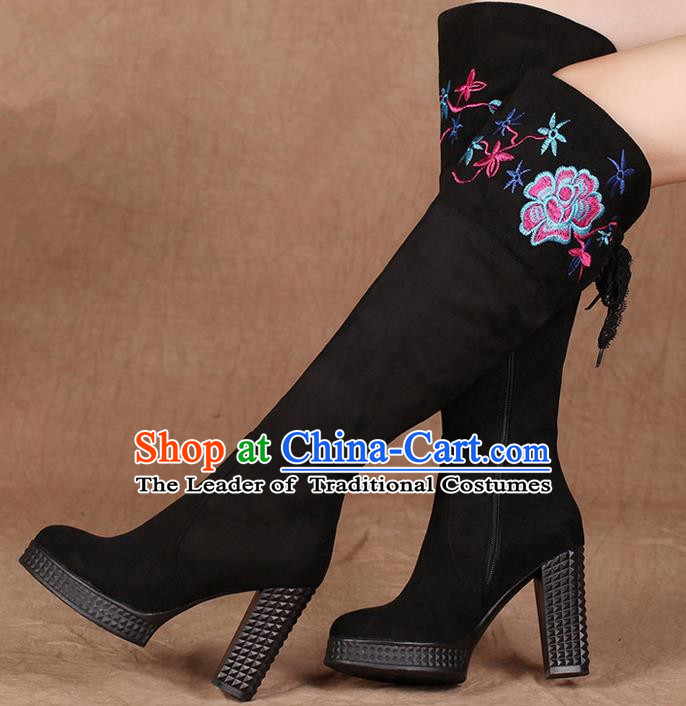 Traditional Chinese Folk Dance Shoes, China Female Embroidered Shoes, Chinese Minority Nationality Embroidery Knee High Boots for Women