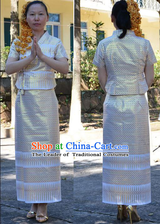 Traditional Asian Thai Costume Complete Set, Thai Waitress High Grade Silk Gold Thread Fabrics Suit for Women