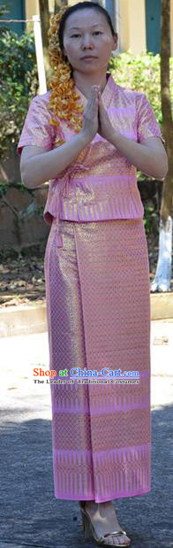 Traditional Asian Thai Costume Complete Set, Thai Waitress High Grade Silk Gold Thread Fabrics Suit for Women