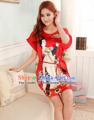 Night Gown Women Sexy Skirt Ancient China Style Chinese Traditional Beauty Pattern Night Suit Nighty Bedgown Red
