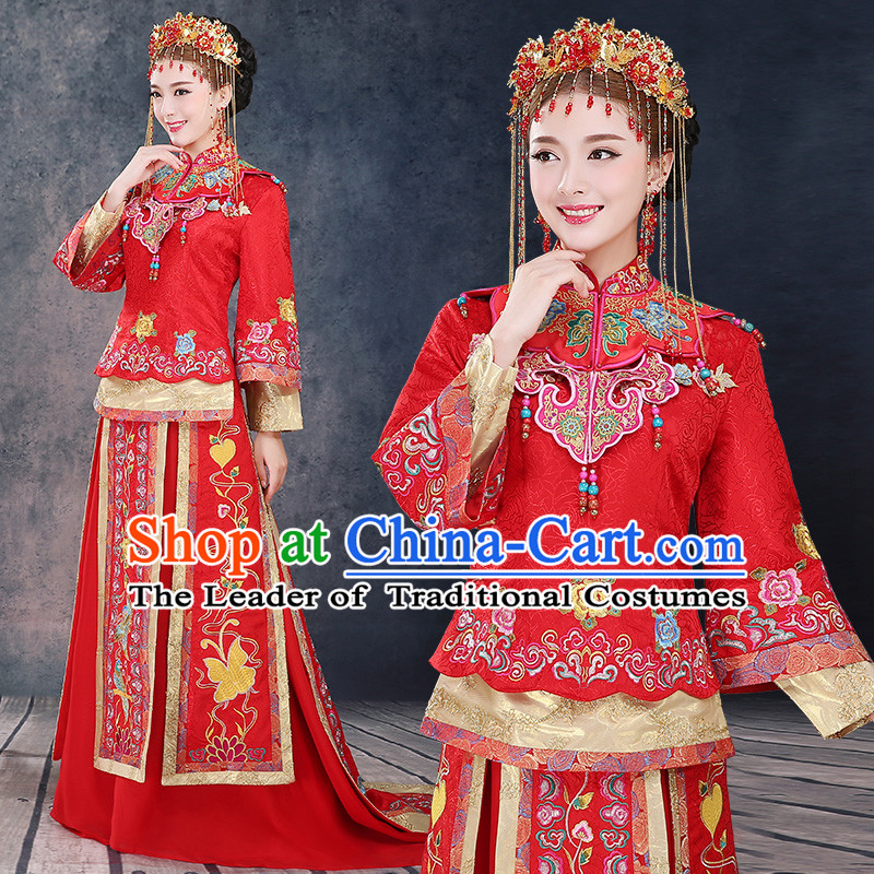 Ancient Chinese Costume Xiuhe Suits Autumn Chinese Style Wedding Dress Red Restoring Ancient Ways Longfeng Dragon And Phoenix Flown Bride Toast Cheongsam