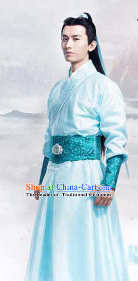 Ancient Chinese Swordsman Knight Costumes and Hair Jewelry Complete Set for Men