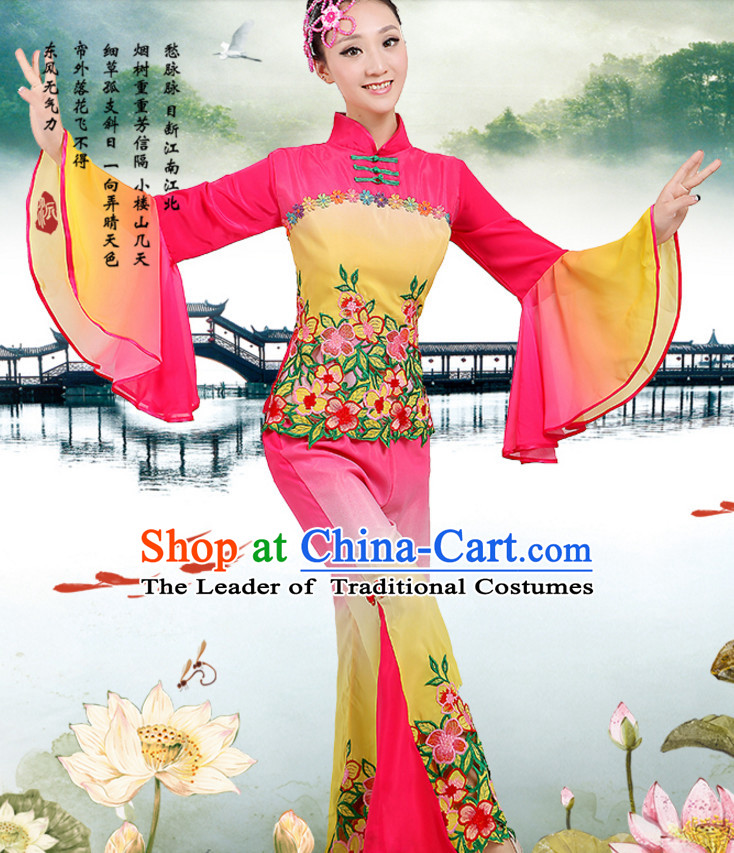 Chinese Traditional Fan Team Dancing Costumes Dancewear and Headpieces Complete Set for Women