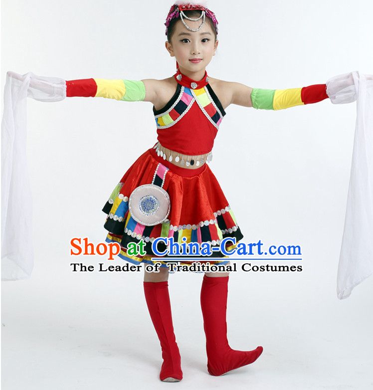 Chinese Competition Tibetan Dance Costumes Kids Dance Costumes Folk Dances Ethnic Dance Fan Dance Dancing Dancewear for Children