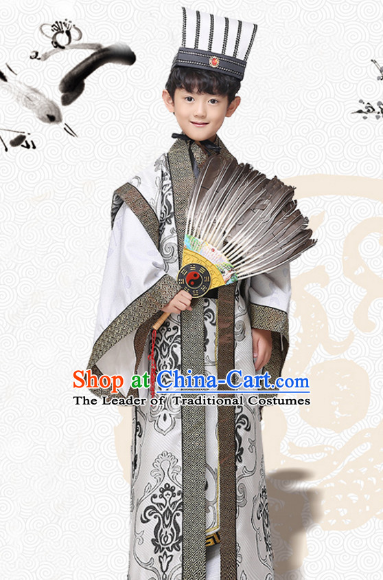 Asian Chinese Zhuge Liang Long Dresses Hanfu Costume Clothing Chinese Robe Chinese Kimono and Hat Complete Set for Boys