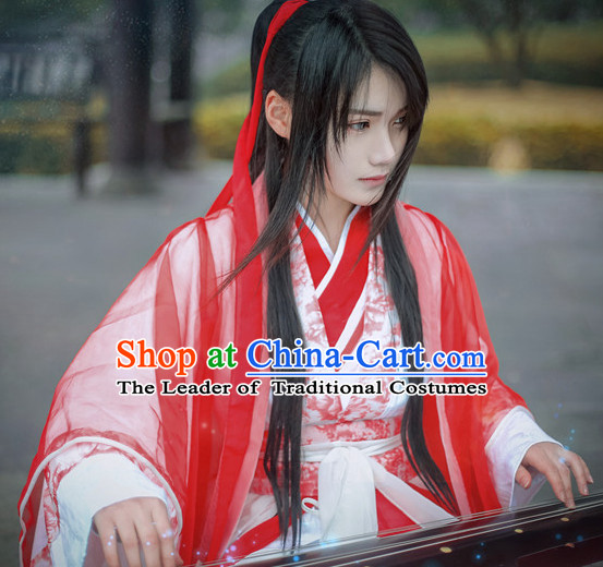 Top Chinese Ancient Red Musician Costumes Complete Set for Men