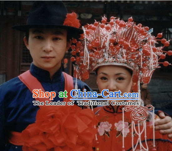 Chinese Traditional Classical Wedding Hairstyles Black Hat and Phoenix Coronet for Men and Women