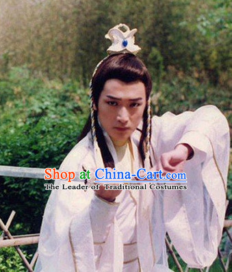 Ancient Chinese Style White Male Long Black Wigs and Coronet Set for Young Men