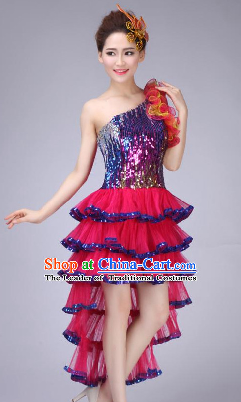 Chinese Modern Dance Costume and Headdress for Children Girls
