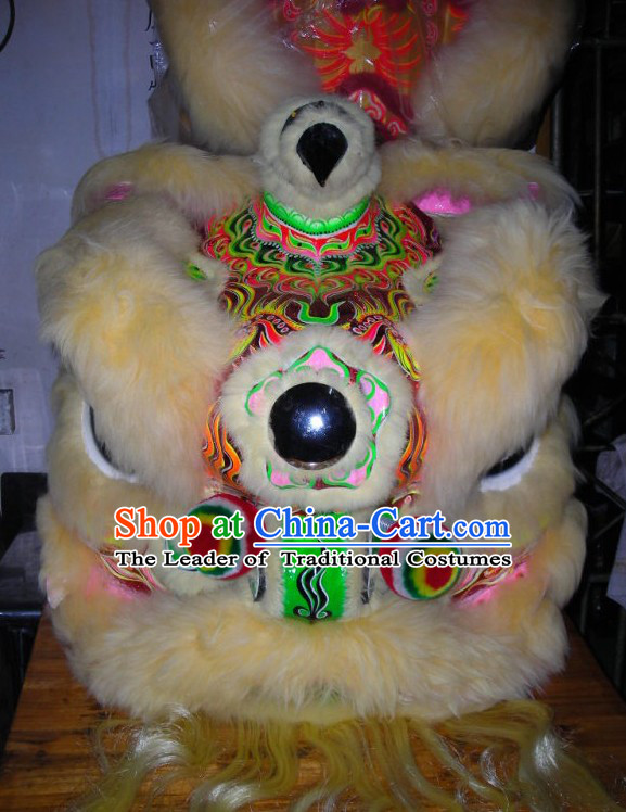 Top Beige Chinese Traditional 100_ Natural Long Wool Futsan Style Lion Dancing Uniform Complete Set