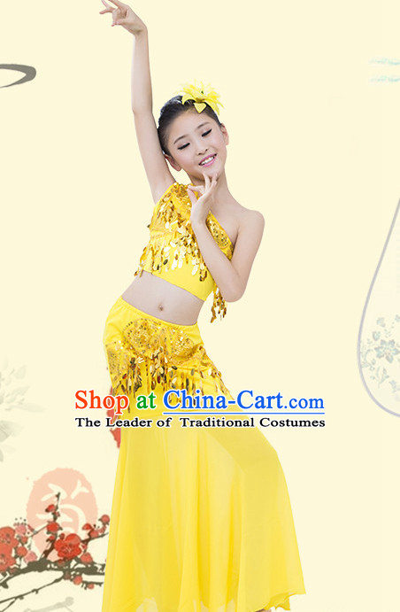 Yellow Chinese Traditional Stage Dai Minority Ethnic Peacock Dance Dancewear Costumes Dancer Costumes Dance Costumes Clothes and Headdress Complete Set for Girls Kids