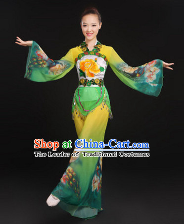 Chinese Folk Dance Costumes Traditional Chinese Fan Dancing Costume Ribbon Dancewear and Headwear Complete Set for Women Girls or Kids