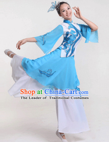 Blue Chinese Folk Fan Dancewear and Headdress Complete Set for Women