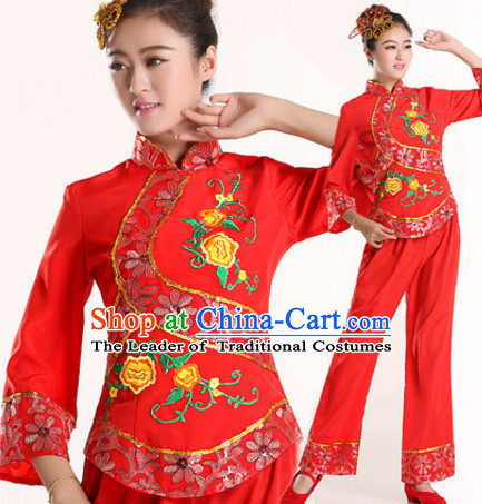 Chinese New Year Fan Dance Costumes and Headdress Complete Set for Women