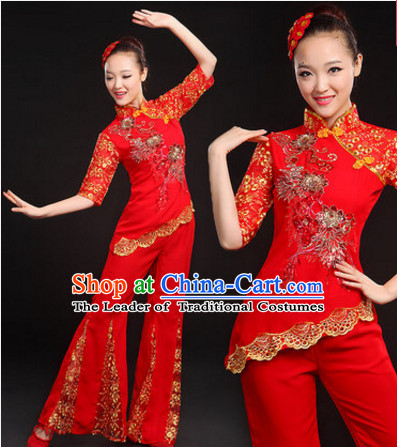 Red Chinese Traditional Han Minority Handkerchief Dance Costumes Dancing Outfits and Hat Complete Set for Women or Girls