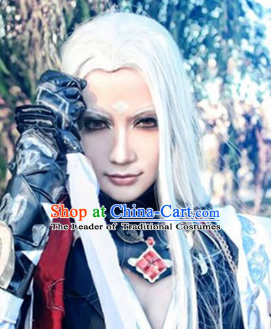 Chinese Ancient Male Style White Long Wigs
