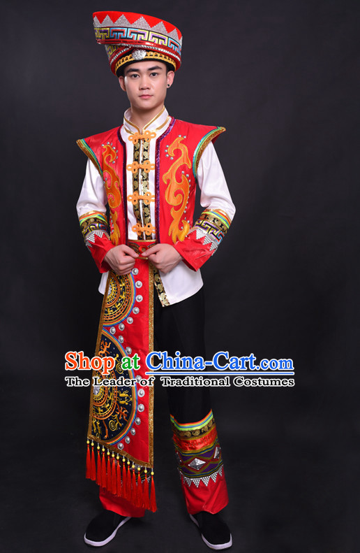 Chinese Chuang Group the Zhuang Nationality Folk Dance Ethnic Wear China Clothing Costume Ethnic Dresses Cultural Dances Costumes Complete Set for Men