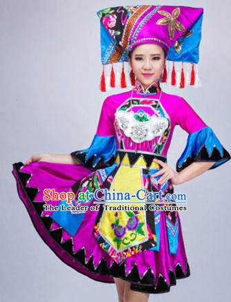 Chinese Ethnic Dance Costumes Traditional Chinese Clothing Dress Dancewear Dance Clothes Outfits Dresses and Hat Complete Set for Women